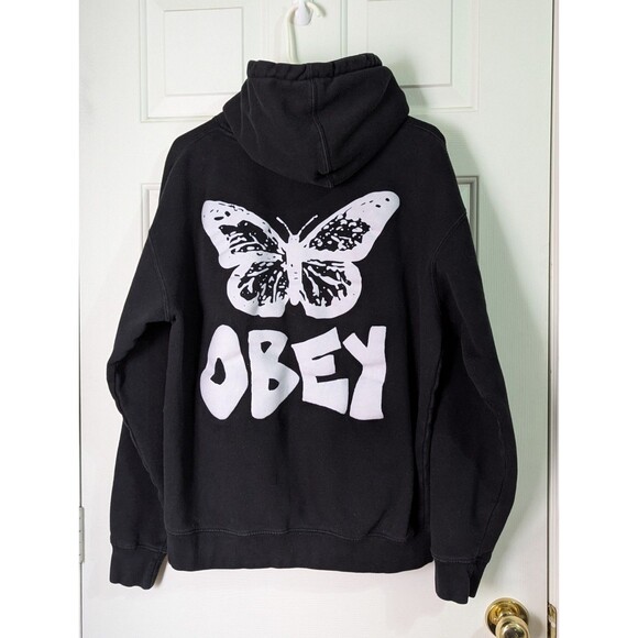OBEY Hoodie Sweatshirt Adult Large Black Pullover Cotton Butterfly Metamorphosis - Picture 1 of 10